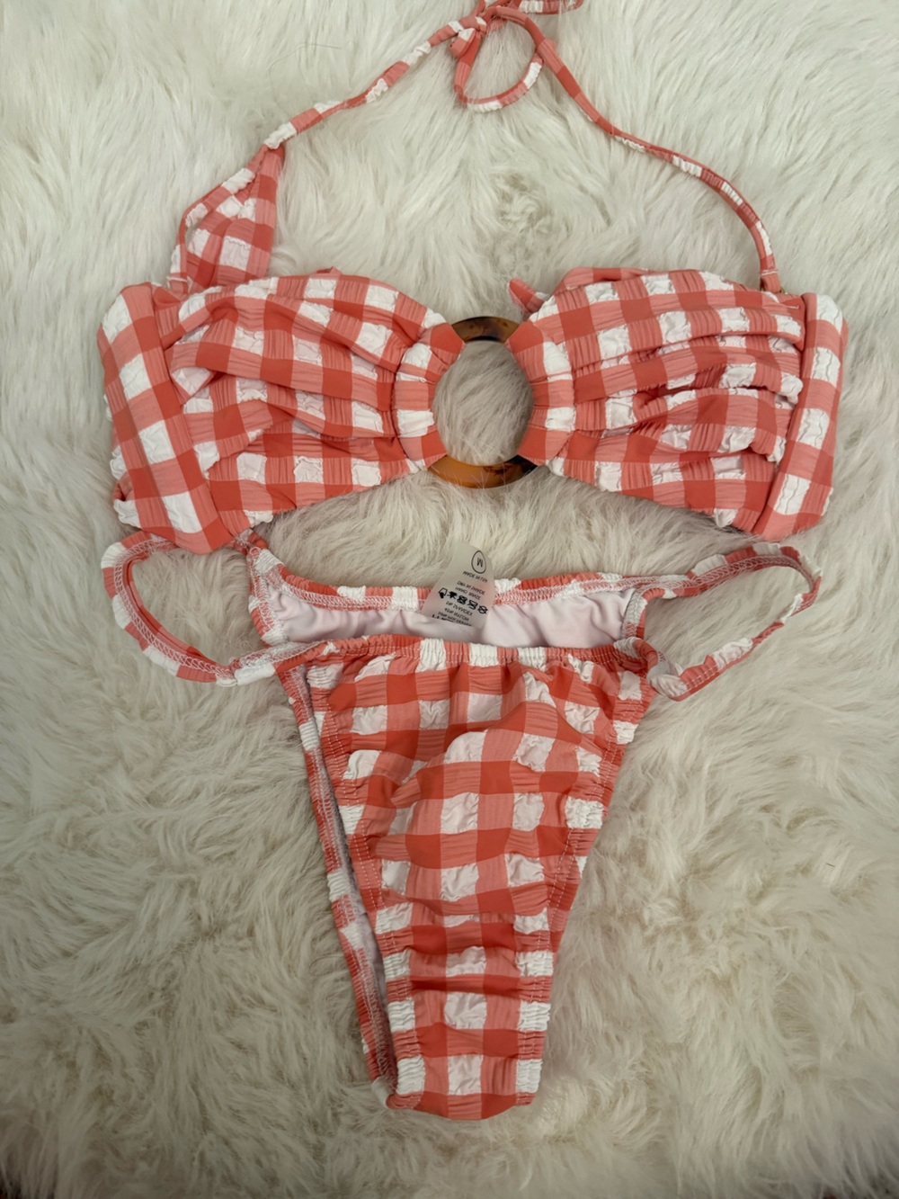 Montce Coral and White SHRIMP Gingham tori ties Bikini Set